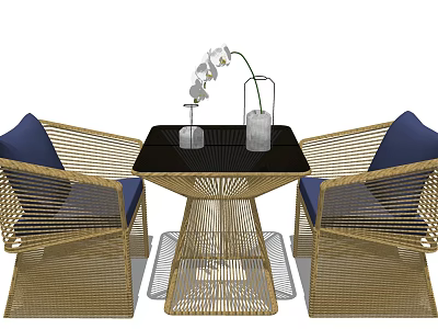 Woven Table Chair Set with Golden Frames Blue Cushions Black Tabletop White Orchid Transparent Vase 3d model