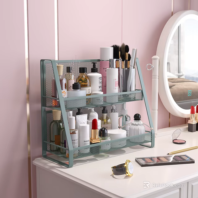 Cosmetics And Perfumes Arranged On Turquoise Storage Rack 3d model