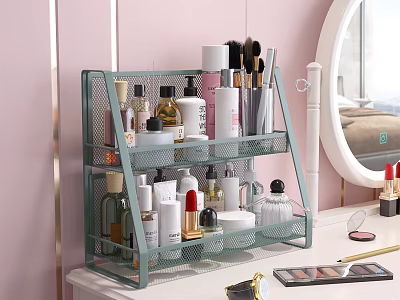 Cosmetics And Perfumes Arranged On Turquoise Storage Rack 3d model