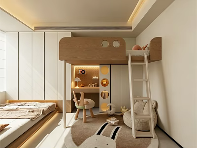 Modern Kids Room Interior Design With Bunk Bed Desk Chair And Rabbit Patterned Rug 3d model