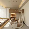 Modern Kids Room Interior Design With Bunk Bed Desk Chair And Rabbit Patterned Rug