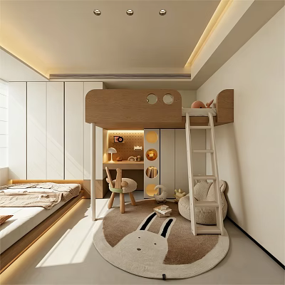 Modern Kids Room Interior Design With Bunk Bed Desk Chair And Rabbit Patterned Rug 3d model