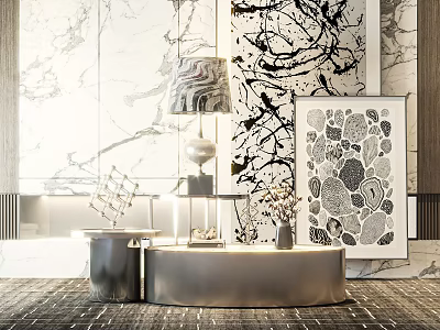 Modern Round Metallic Coffee Table With Decorative Lamp And Artwork On Living Room Rug 3d model