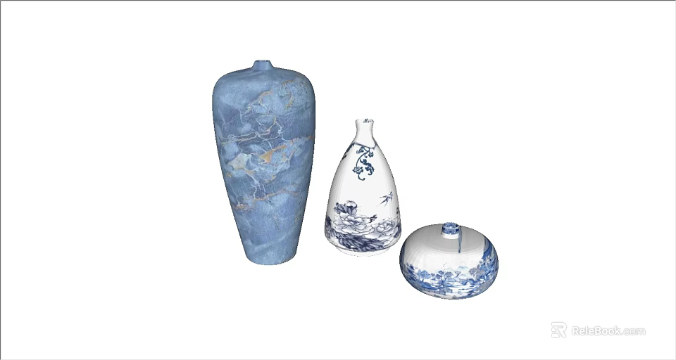 Traditional Ceramic Vessels With Blue White Patterns Including Vase And Lidded Jar 3d model 
