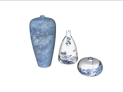 Traditional Ceramic Vessels With Blue White Patterns Including Vase And Lidded Jar 3d model