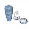 Traditional Ceramic Vessels With Blue White Patterns Including Vase And Lidded Jar