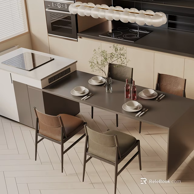 Modern Dining Table Set With Gray Tabletop Fabric Chairs Tableware And Decorative Green Plant 3d model 