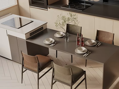Modern Dining Table Set With Gray Tabletop Fabric Chairs Tableware And Decorative Green Plant 3d model