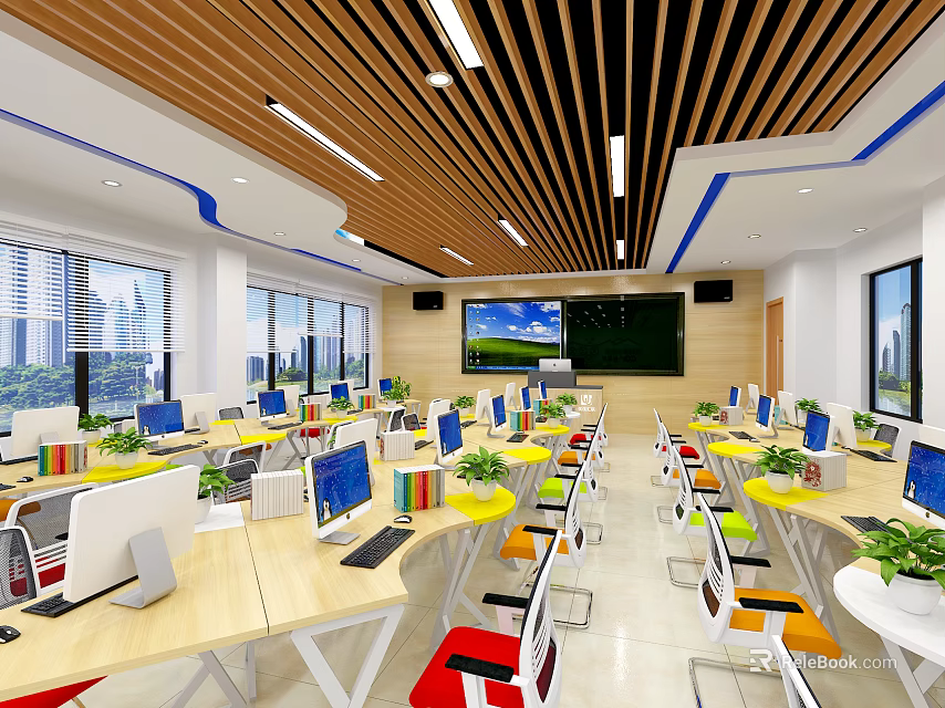 School Modern Classroom Interior with Desks Chairs Multimedia Screen and Green Plants 3d model 