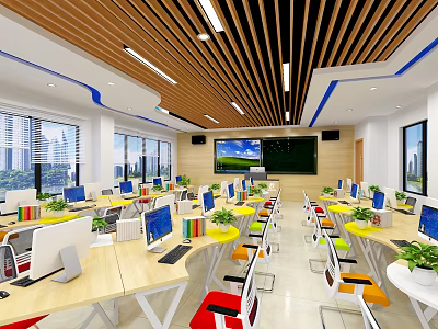 School Modern Classroom Interior with Desks Chairs Multimedia Screen and Green Plants 3d model