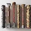 Ornate Traditional Chinese Columns With Carved Dragon Patterns In Gold Red Gray