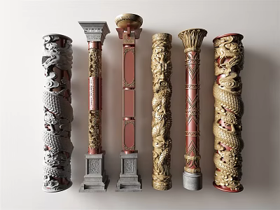 Ornate Traditional Chinese Columns With Carved Dragon Patterns In Gold Red Gray 3d model
