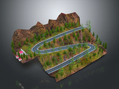 Car Driving On Scenic Winding Mountain Road With Trees Terrain And Red Roof Building 3d model
