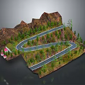 Car Driving On Scenic Winding Mountain Road With Trees Terrain And Red Roof Building