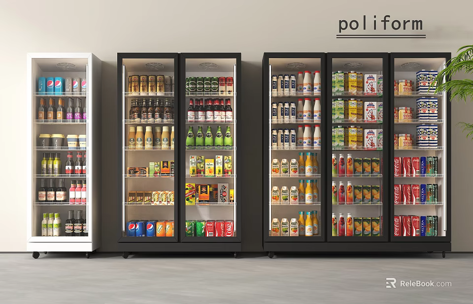 Poliform Display Refrigerators With Glass Doors Filled With Various Beverages And Food 3d model 