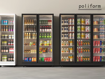Poliform Display Refrigerators With Glass Doors Filled With Various Beverages And Food 3d model