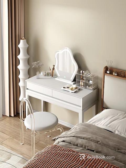 Modern White Dressing Table With Mirror Cosmetic Storage And Chair In Bedroom 3d model 