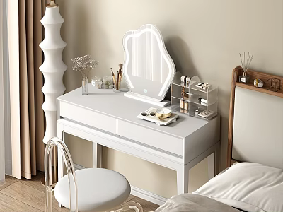 Modern White Dressing Table With Mirror Cosmetic Storage And Chair In Bedroom 3d model