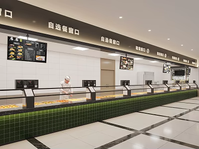 Canteen Self Service Food Counter With Clean Interior And Staff 3d model