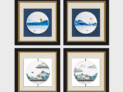 Circular Framed Chinese Landscape Paintings With Mountain Water Boat And Sun Elements 3d model