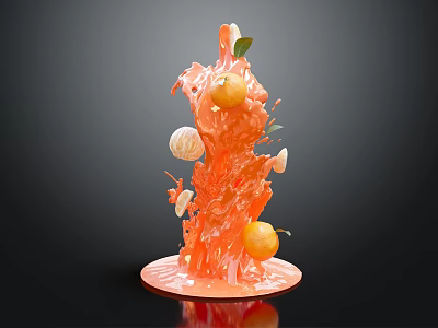 Fresh Orange Beverage with Splashing Liquid Oranges Lemon Slices and Leaves on Base 3d model