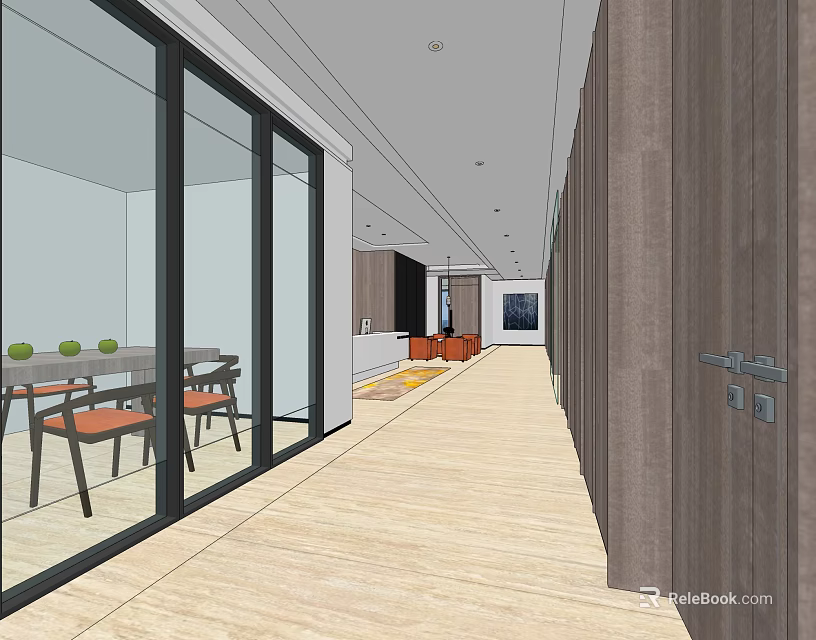 Modern Front Desk Reception Area With Long Hallway And Glass Doors Wooden Flooring 3d model 