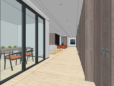 Modern Front Desk Reception Area With Long Hallway And Glass Doors Wooden Flooring 3d model