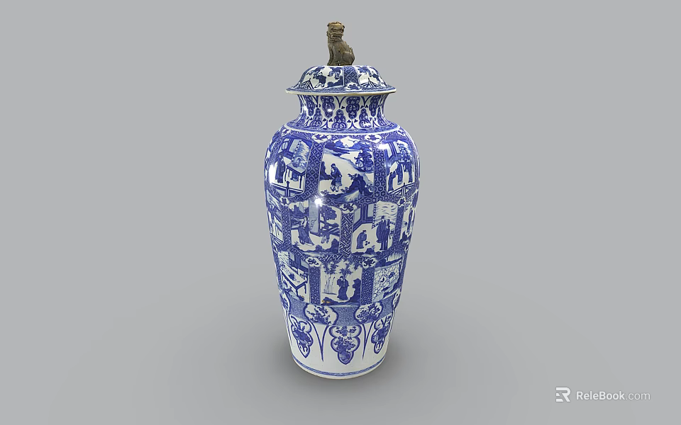 Blue and White Ceramic Jar With Traditional Intricate Patterns And Lid 3d model 