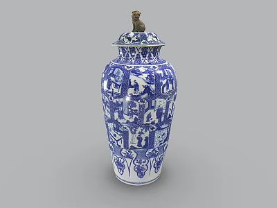 Blue and White Ceramic Jar With Traditional Intricate Patterns And Lid 3d model
