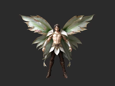 Fantasy Game Movie Character with Green Leaf Shaped Wings Warrior Armor and Brown Boots 3d model