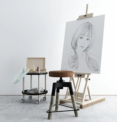Sketch Canvas on Easel with Art Supplies Musical Instruments and Rolling Cart 3d model