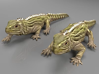 Two Green Lizards With White Spines On Back In Crawling Position On Gray Background 3d model