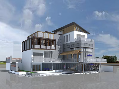 Modern Detached Villa Exterior With Large Glass Windows And Balcony Design 3d model