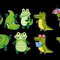 Cute Green Cartoon Crocodile Silhouettes With Various Poses Holding Umbrella And Reading Book