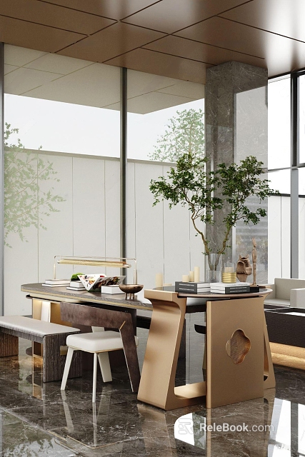 Elegant Modern Sales Office Interior Design With Green Plants Reception Desk And Display Tables 3d model 