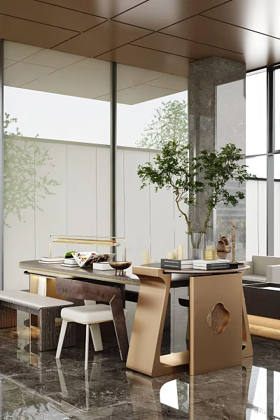 Elegant Modern Sales Office Interior Design With Green Plants Reception Desk And Display Tables 3d model