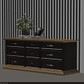 Modern Dark Wood Dresser With Metal Handle Drawers Light Top Decorative Plants