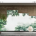 Wooden Window Blinds in Modern Interior with Green Trees Outside Indoor Plant and White Chair