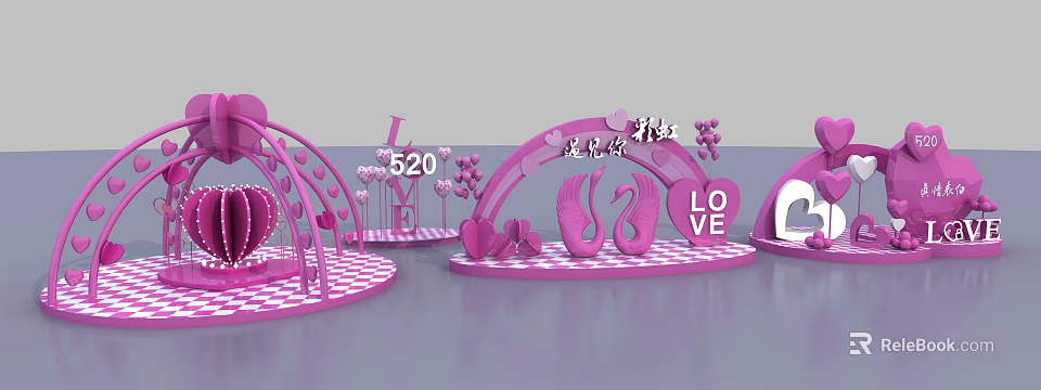 Pink Romantic Decorations With Swan Arch 520 LOVE Heart Elements 3d model 