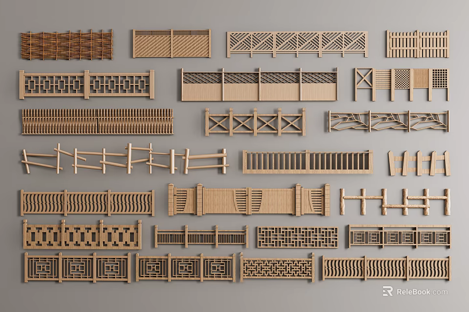Various Wooden Fence Designs With Decorative Patterns And Different Panel Styles 3d model