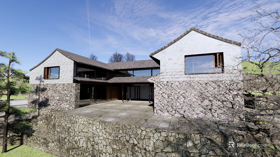 Traditional Homestay Building Exterior with Stone Wall Tile Roof Windows and Courtyard Entrance 3d model 