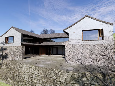 Traditional Homestay Building Exterior with Stone Wall Tile Roof Windows and Courtyard Entrance 3d model