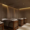 Serene Massage Room with Wooden Framed Beds White Towels Beige Walls and Soft Lighting