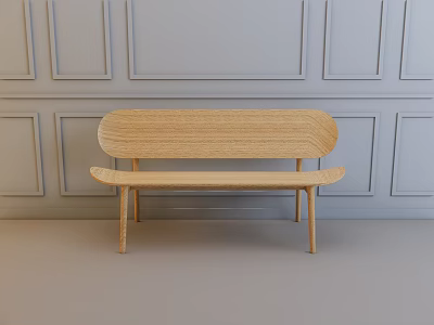 Wooden Public Bench With Minimalist Design Against Light Gray Paneled Wall 3d model