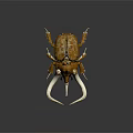 Orange And Black Beetle With Large White Curved Horns On Dark Background