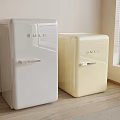 Two SMEG Retro Refrigerators White and Yellow in Modern Room with Wooden Floor