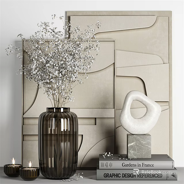 Decorative Ornament Set With Vase Dried Flowers White Sculpture On Marble Base And Geometric Wall 3d model 