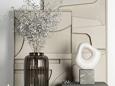 Decorative Ornament Set With Vase Dried Flowers White Sculpture On Marble Base And Geometric Wall 3d model