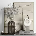 Decorative Ornament Set With Vase Dried Flowers White Sculpture On Marble Base And Geometric Wall