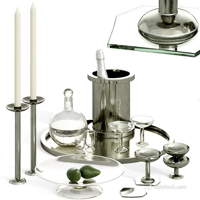 Elegant Silver Tableware Set With Tray Goblets Candle Holders And Decanter 3d model 